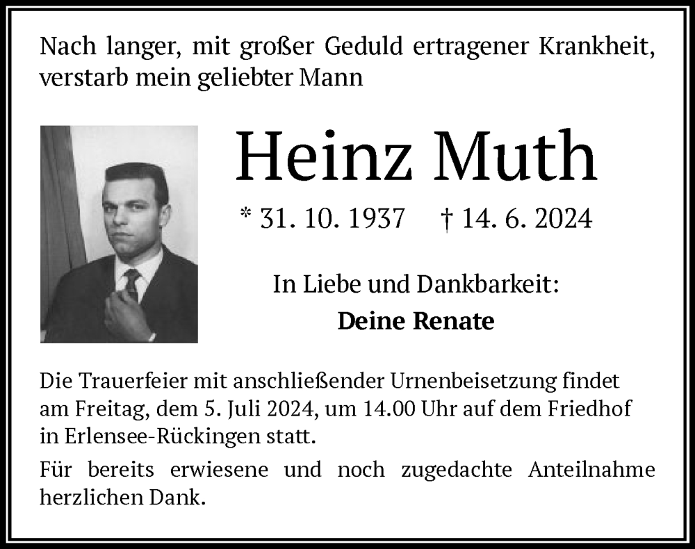  Traueranzeige für Heinz Muth vom 03.07.2024 aus OF