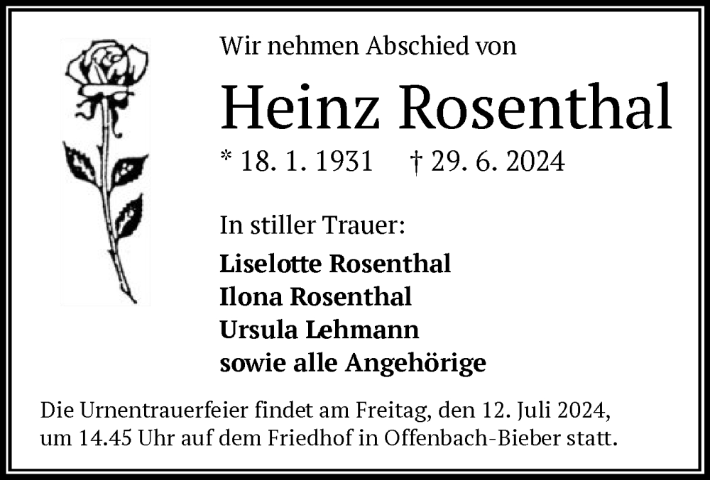  Traueranzeige für Heinz Rosenthal vom 06.07.2024 aus OF