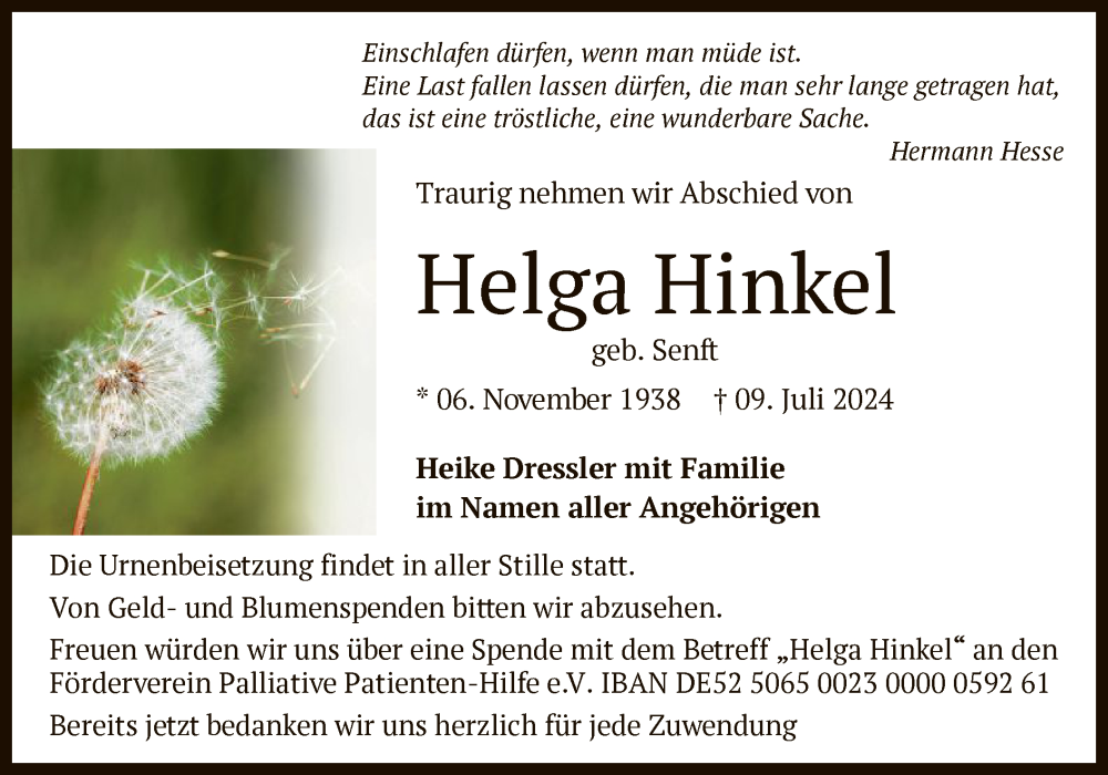  Traueranzeige für Helga Hinkel vom 13.07.2024 aus OF