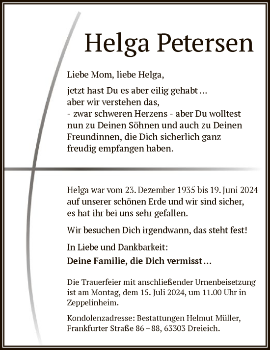 Traueranzeige von Helga Petersen von OF