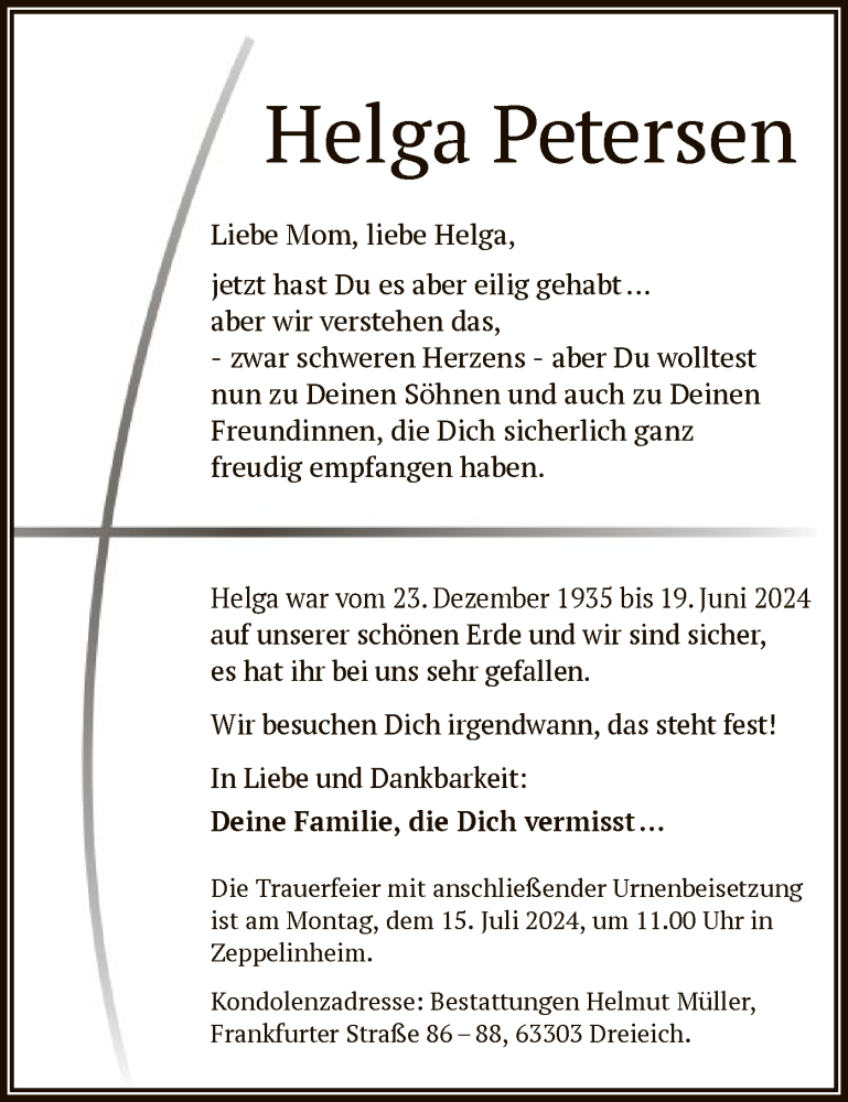  Traueranzeige für Helga Petersen vom 06.07.2024 aus OF
