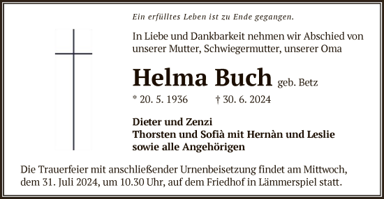 Traueranzeige von Helma Buch von OF
