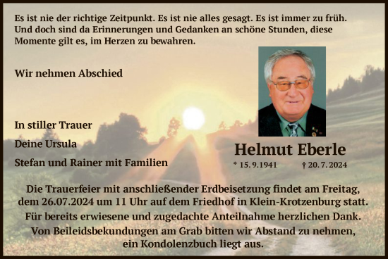 Traueranzeige von Helmut Eberle von OF