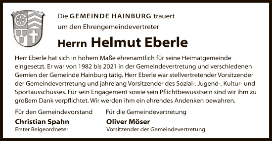 Traueranzeige von Helmut Eberle von OF