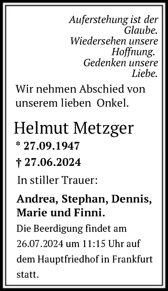  Traueranzeige für Helmut Metzger vom 20.07.2024 aus OF