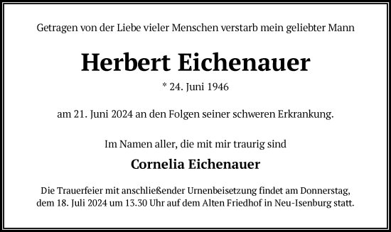 Traueranzeige von Herbert Eichenauer von OF