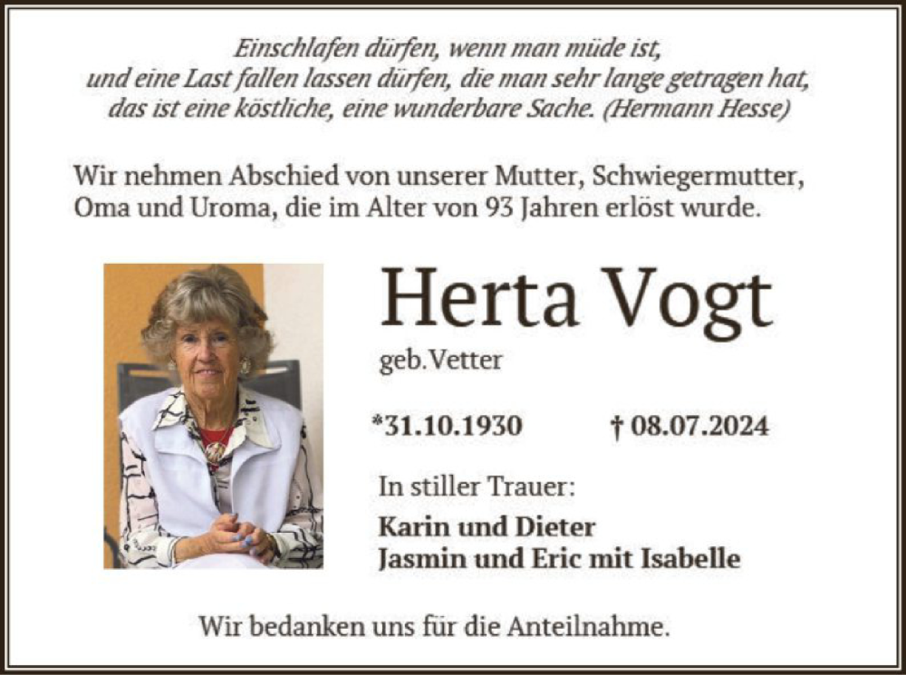  Traueranzeige für Herta Vogt vom 20.07.2024 aus OF