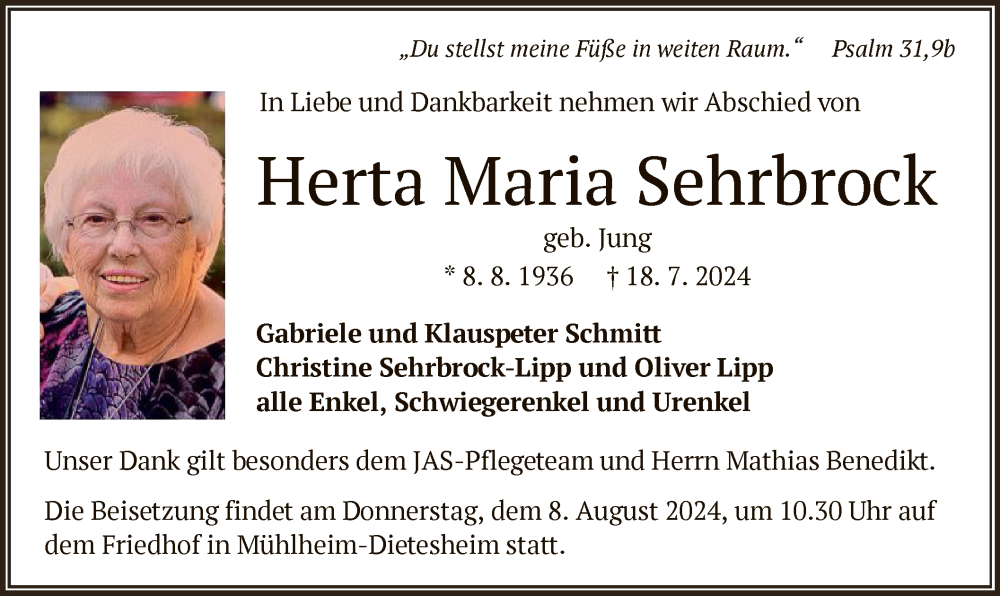  Traueranzeige für Herta Maria Sehrbrock vom 27.07.2024 aus OF