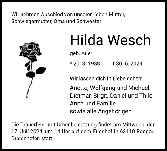 Traueranzeige von Hilda Wesch von OF