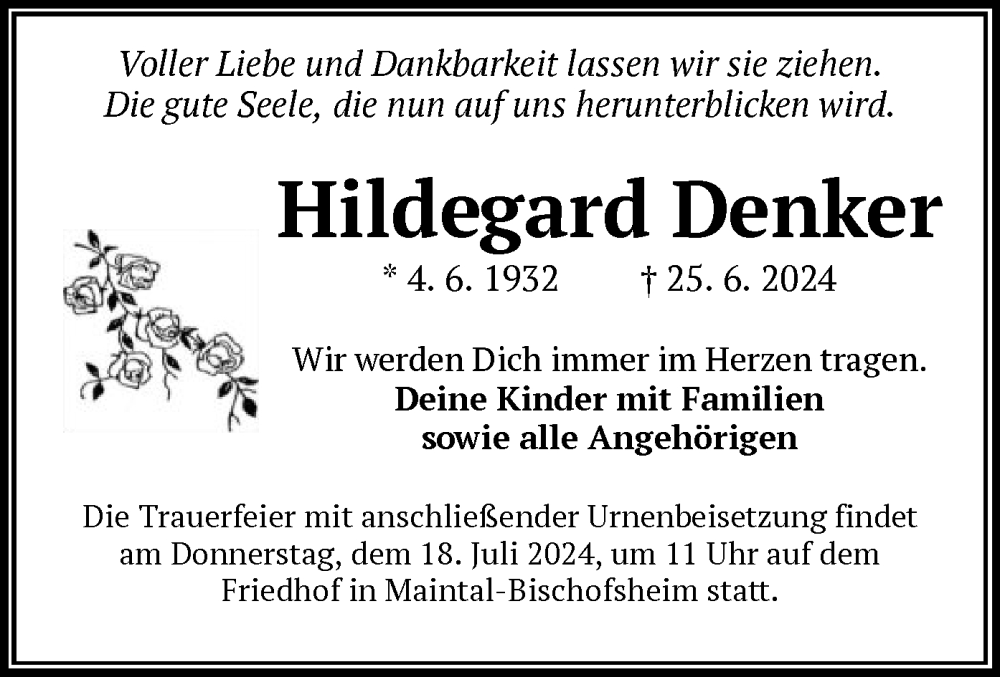  Traueranzeige für Hildegard Denker vom 13.07.2024 aus OF