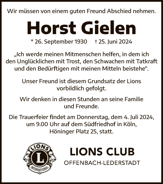 Traueranzeige von Horst Gielen von OF