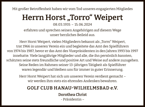 Traueranzeige von Horst Weipert von OF
