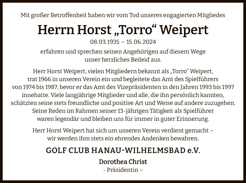  Traueranzeige für Horst Weipert vom 06.07.2024 aus OF