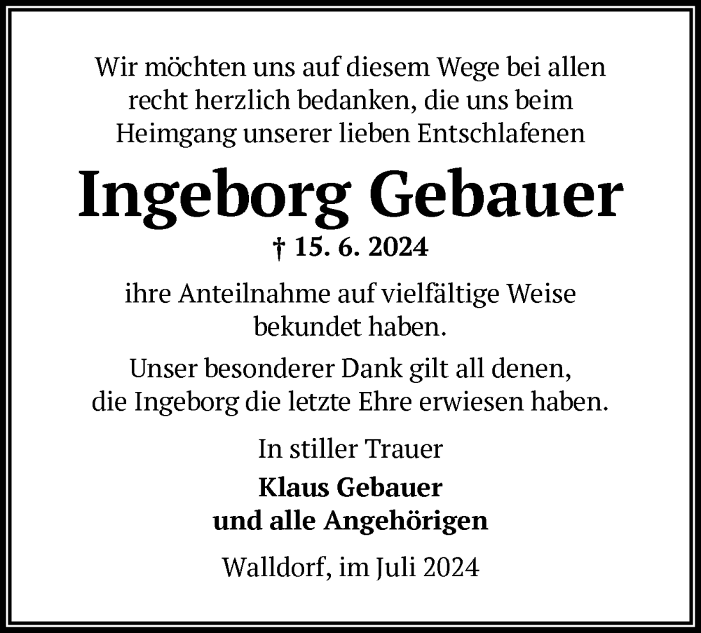  Traueranzeige für Ingeborg Gebauer vom 05.07.2024 aus OF