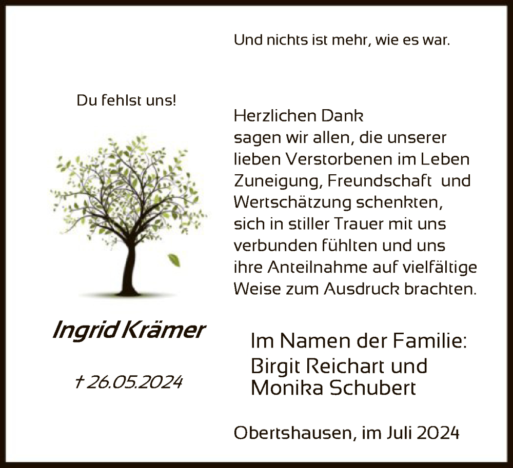  Traueranzeige für Ingrid Krämer vom 06.07.2024 aus OF