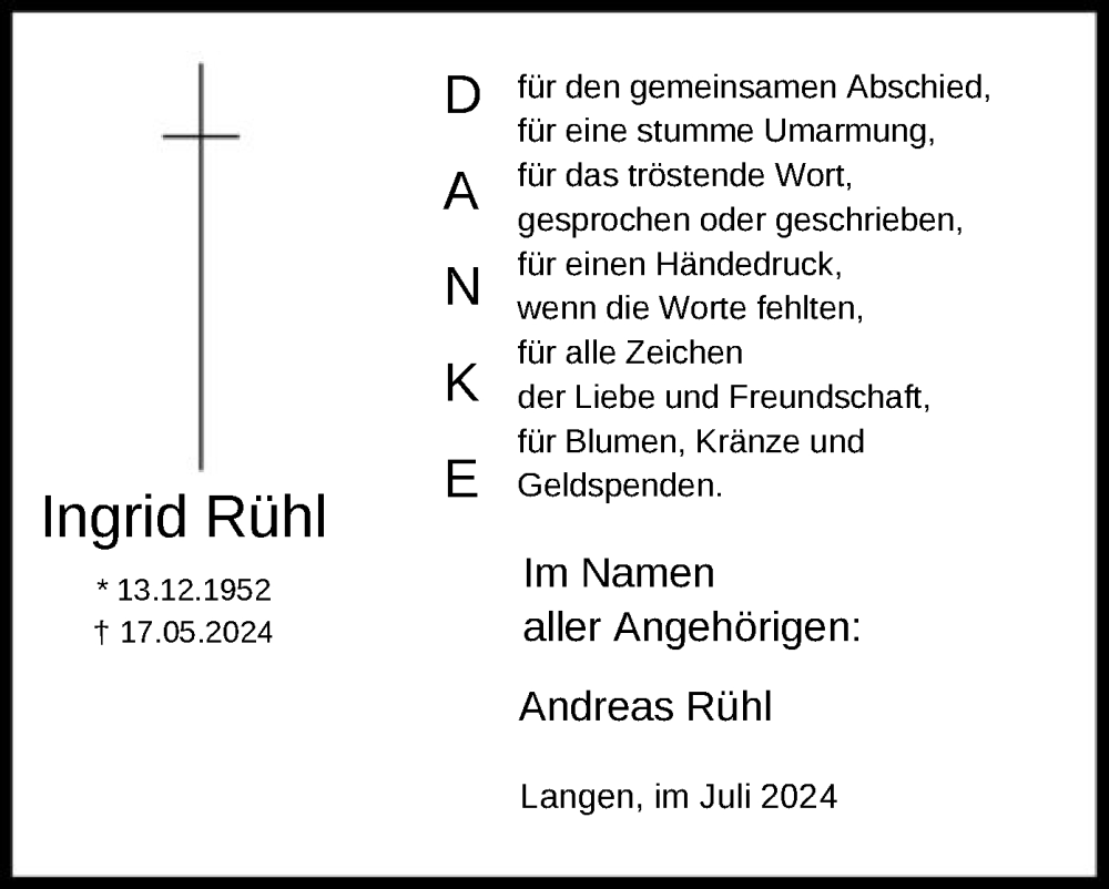  Traueranzeige für Ingrid Rühl vom 06.07.2024 aus OF