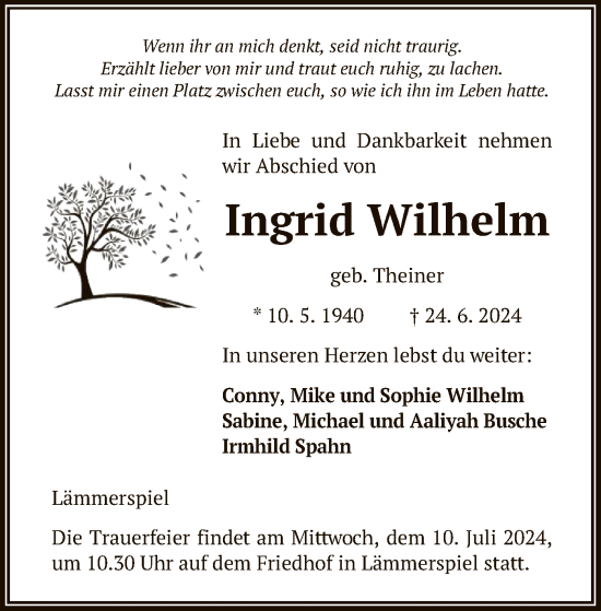 Traueranzeige von Ingrid Wilhelm von OF