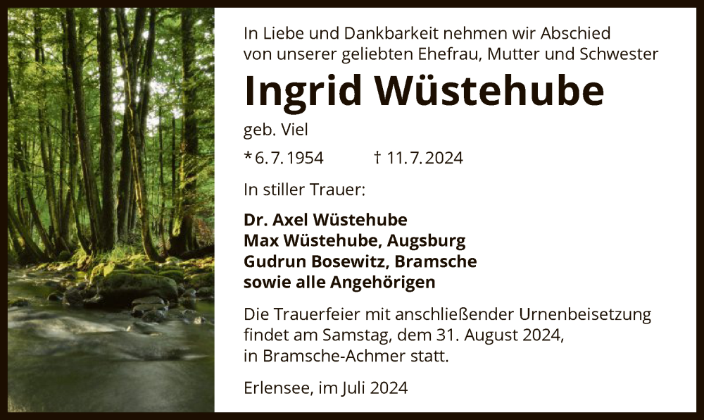  Traueranzeige für Ingrid Wüstehube vom 20.07.2024 aus OF