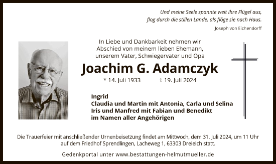 Traueranzeige von Joachim G. Adamczyk von OF