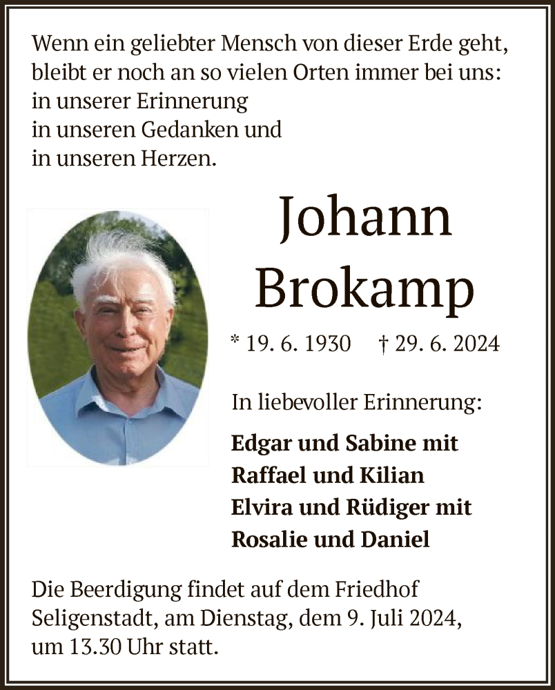  Traueranzeige für Johann Brokamp vom 06.07.2024 aus OF