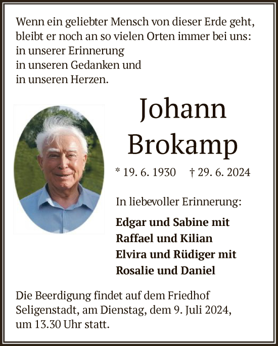 Traueranzeige von Johann Brokamp von OF