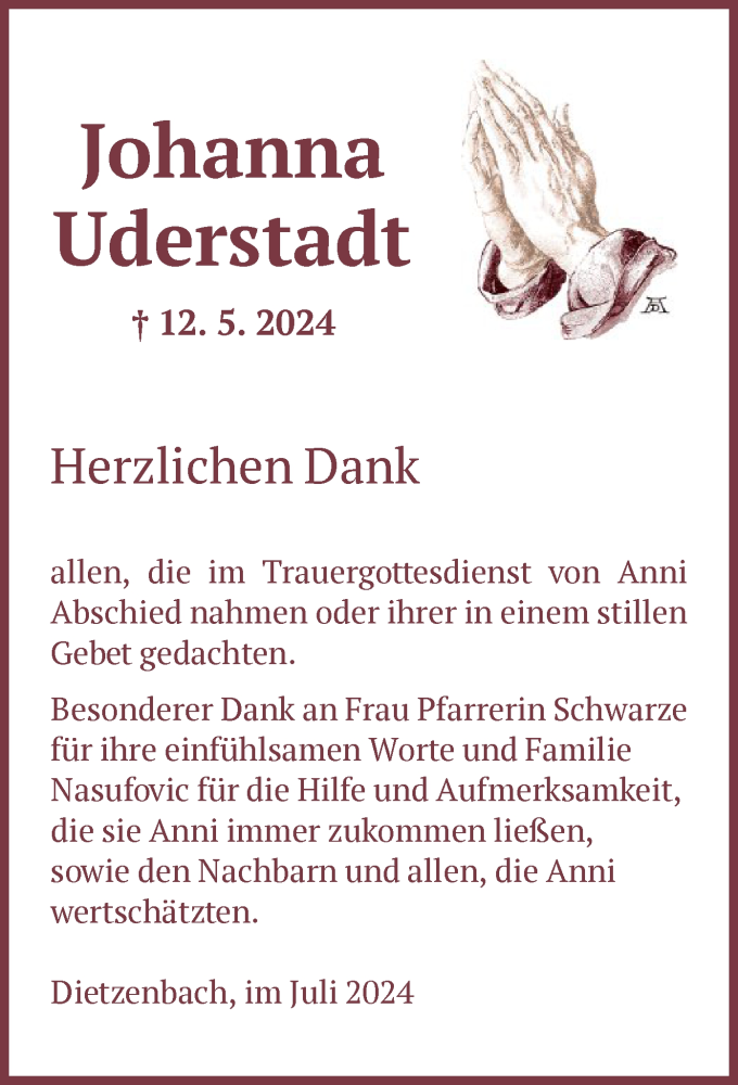  Traueranzeige für Johanna Uderstadt vom 13.07.2024 aus OF
