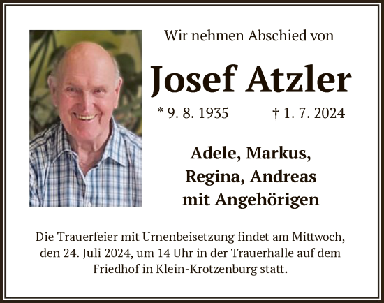 Traueranzeige von Josef Atzler von OF
