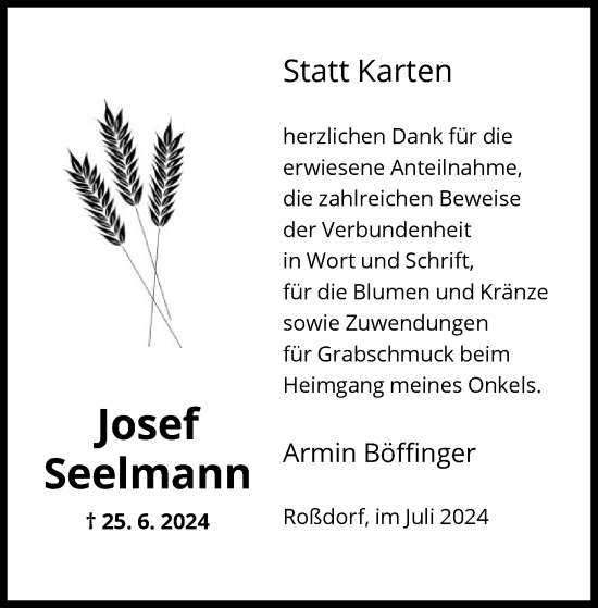 Traueranzeige von Josef Seelmann von OF