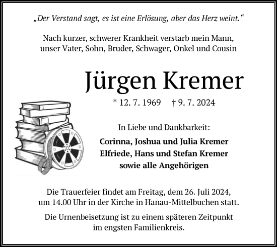 Traueranzeige von Jürgen Kremer von OF