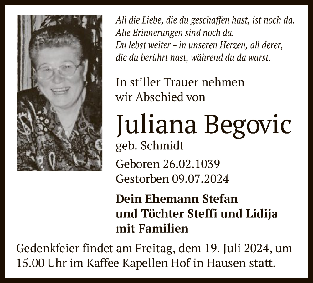  Traueranzeige für Juliana Begovic vom 13.07.2024 aus OF