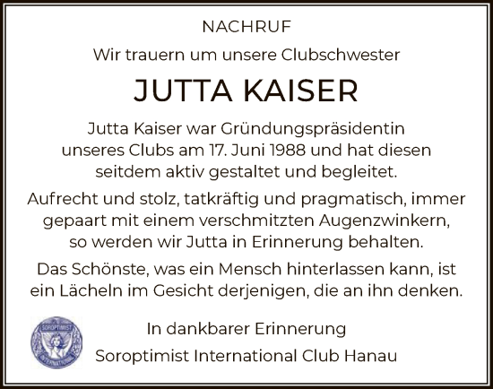 Traueranzeige von Jutta Kaiser von OF