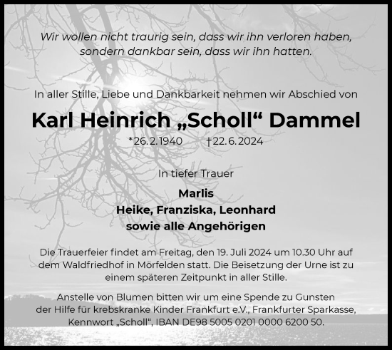 Traueranzeige von Karl Heinrich Dammel von OF