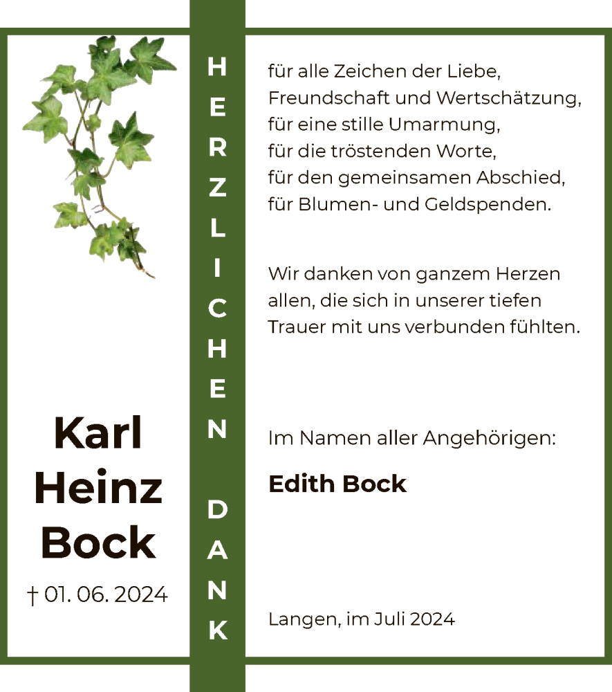  Traueranzeige für Karl Heinz Bock vom 13.07.2024 aus OF