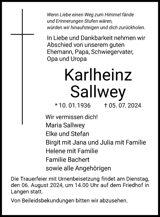 Traueranzeige von Karlheinz Sallwey von OF