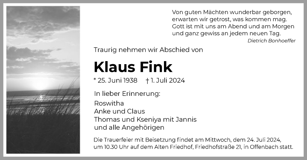  Traueranzeige für Klaus Fink vom 13.07.2024 aus OF