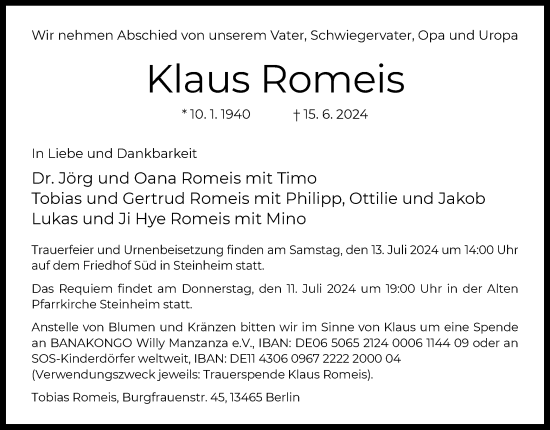 Traueranzeige von Klaus Romeis von OF