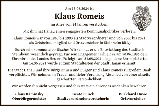 Traueranzeige von Klaus Romeis von OF