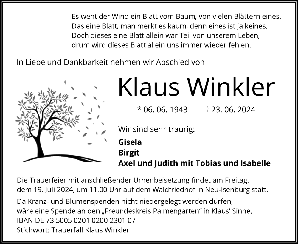  Traueranzeige für Klaus Winkler vom 13.07.2024 aus OF