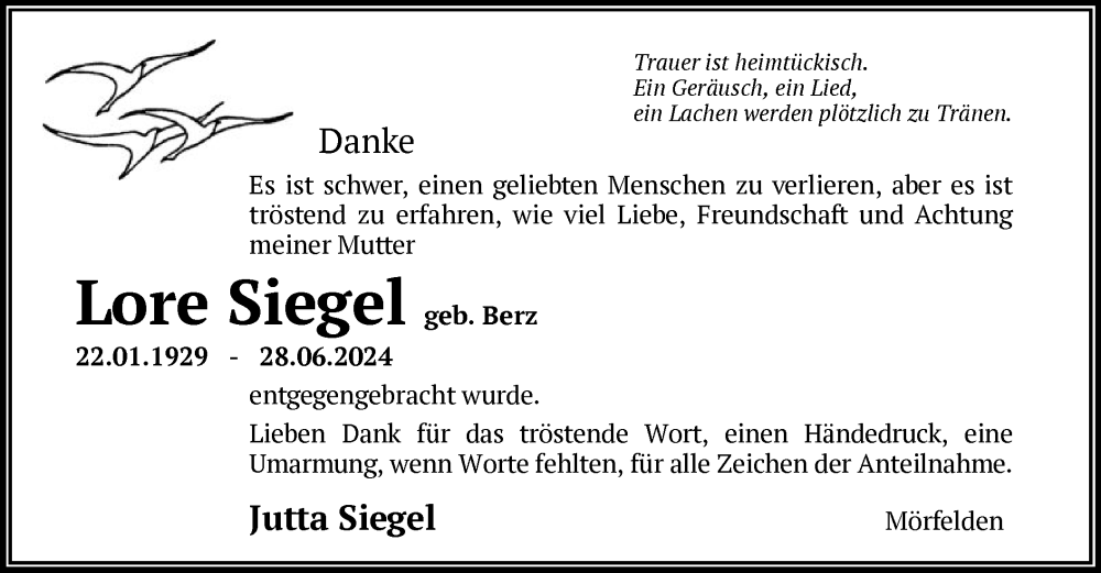  Traueranzeige für Lore Siegel vom 26.07.2024 aus OF