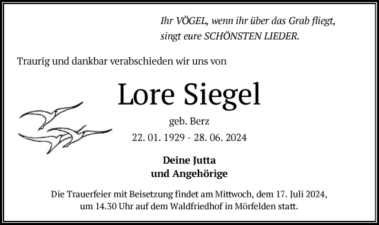 Traueranzeige von Lore Siegel von OF