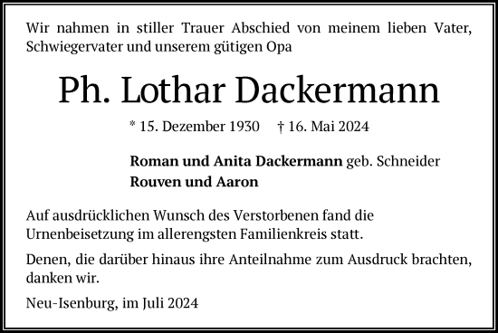 Traueranzeige von Lothar Dackermann von OF