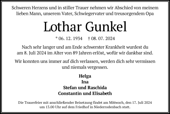 Traueranzeige von Lothar Gunkel von OF