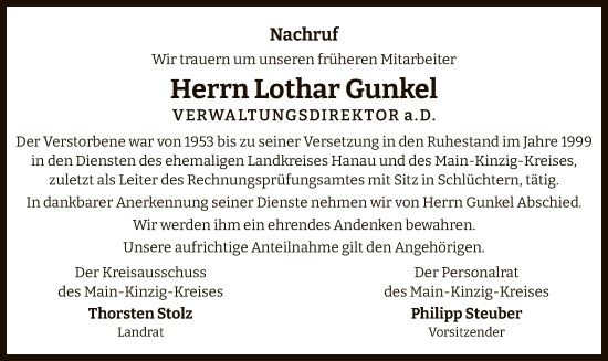 Traueranzeige von Lothar Gunkel von OF