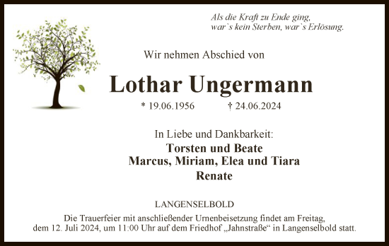 Traueranzeige von Lothar Ungermann von OF
