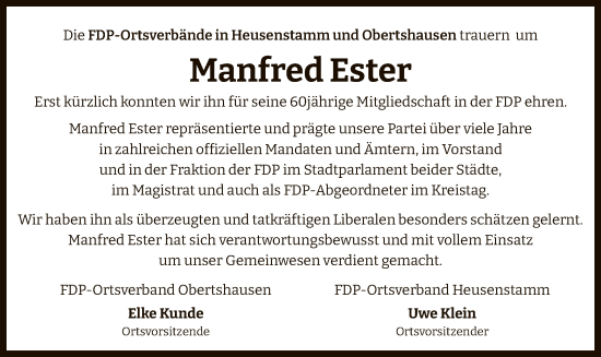 Traueranzeige von Manfred Ester von OF