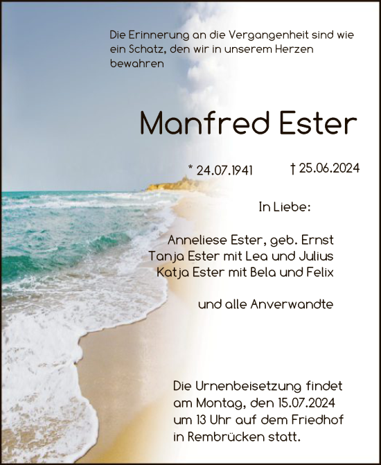 Traueranzeige von Manfred Ester von OF