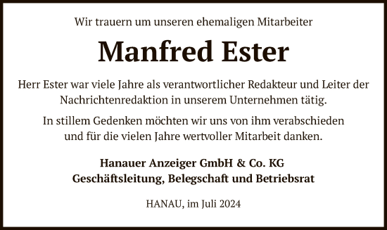 Traueranzeige von Manfred Ester von OF
