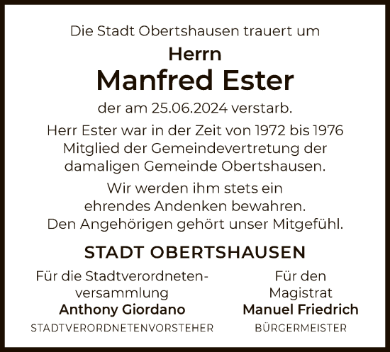 Traueranzeige von Manfred Ester von OF