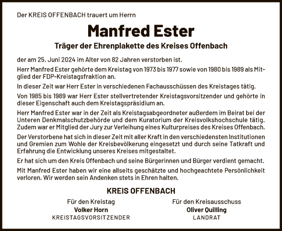 Traueranzeige von Manfred Ester von OF