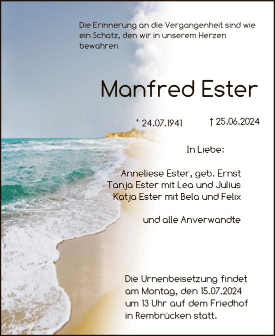 Traueranzeige von Manfred Ester von OF